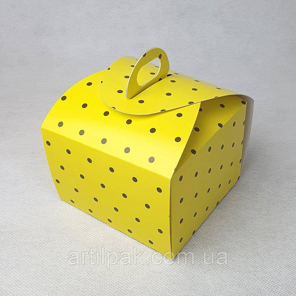 Коробка  для шматочку торту і подарунку Пелюстка 110*110*110 Жовтий горошок / Коробка-бонбоньєрка 110*110*110, фото 1