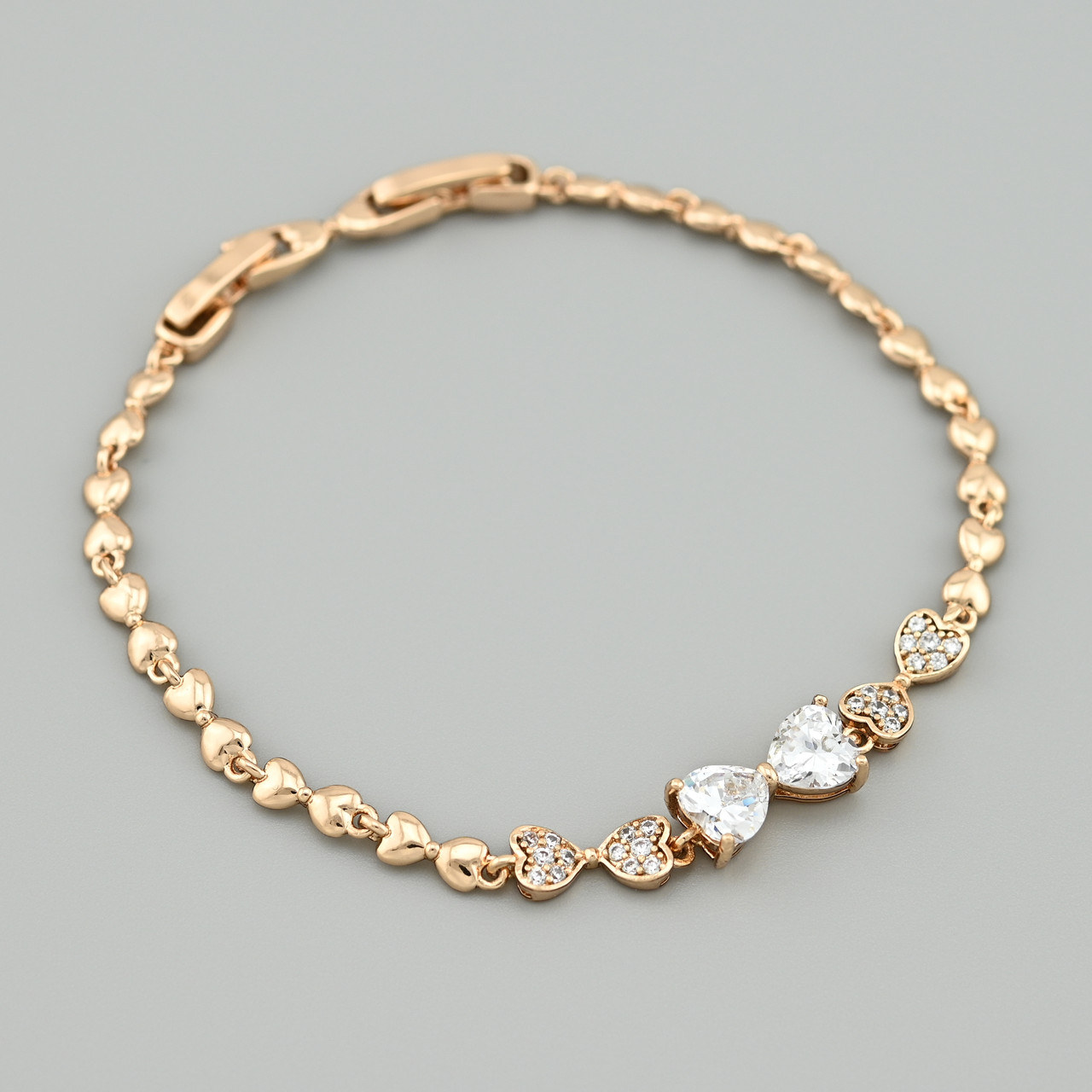 Браслет Сердечка 50139 ширина 3.5 мм білі фіаніти позолота 18К довжина 17+2, фото 1