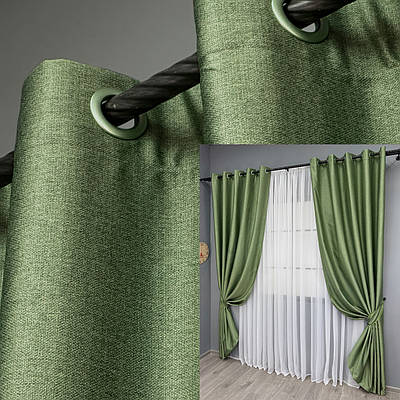 Комплект (2шт. 1,5х2,5м.) штор на люверсах, Шеніл однотонний (блекаут). Колір зелений. Код 1684ш 37-0243