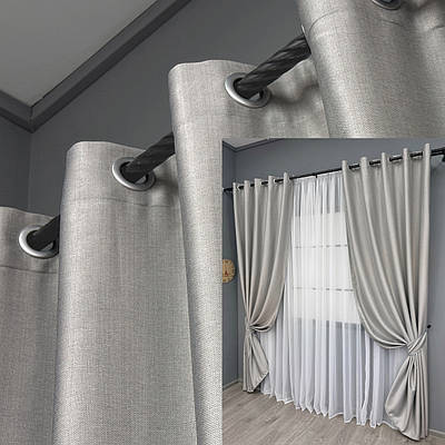 Комплект (2шт. 1,5х2,5м.) штор на люверсах, Шеніл однотонний (блекаут). Колір попелястий. Код 1690ш 37-0242