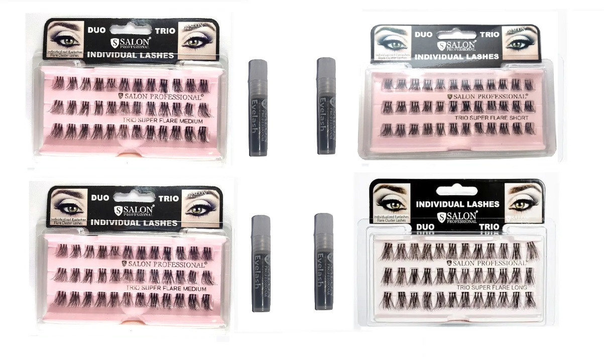 Набір для нарощування вій Salon Professional 3 пучки: Long, Medium (2шт.), Short.+ Клей чорний 8 в 1