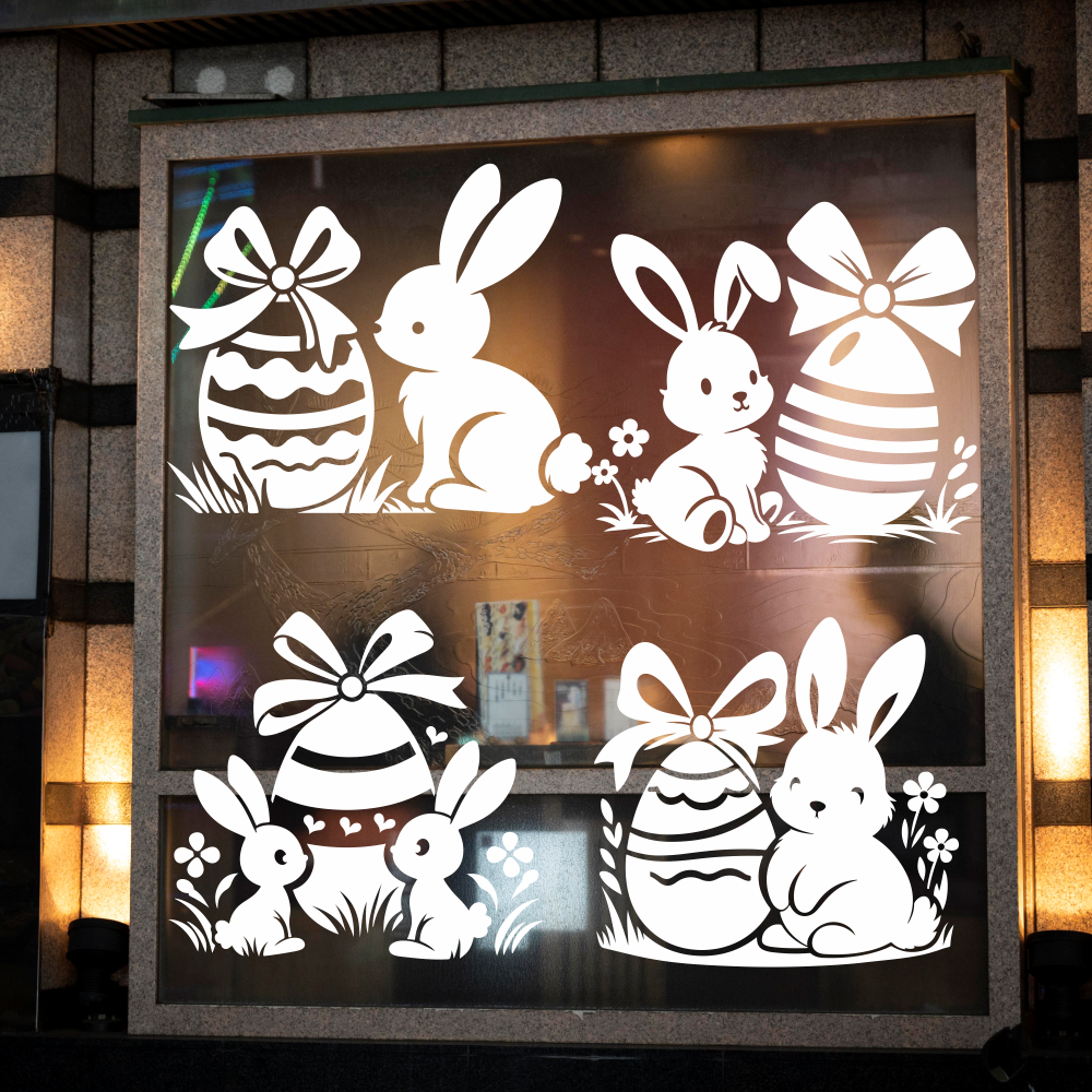 Пасхальні наклейки на вікна Happy Pocket Набір зайчиків з яйцями кролики декор вітрин Великдень білий матовий, фото 1