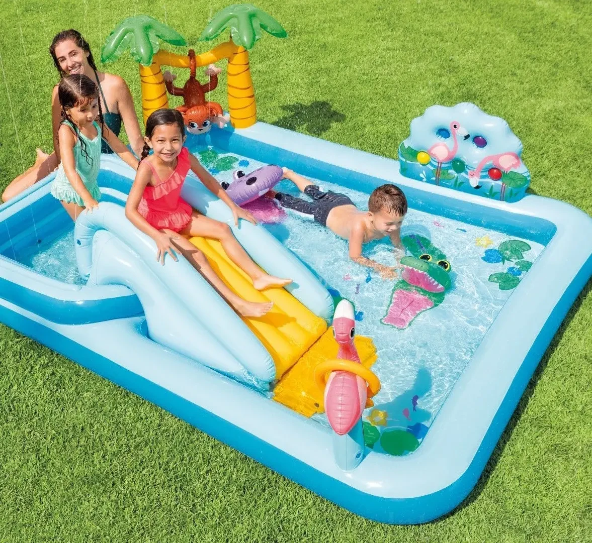 Великий надувний ігровий центр Водні атракціони для дитини від 3 років 2 басейни Гірка гра в кільце і фонтан, фото 1