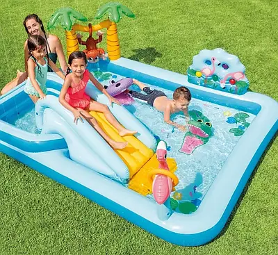 Великий надувний ігровий центр Водні атракціони для дитини від 3 років 2 басейни Гірка гра в кільце і фонтан