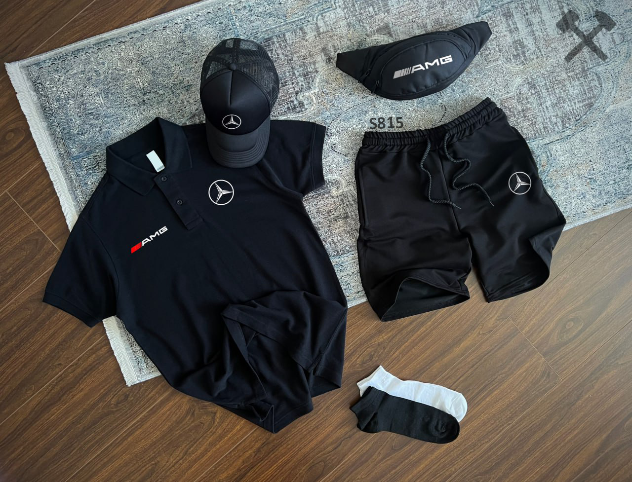 Чоловічий літній костюм Mercedes AMG Футболка Поло + Шорти + Кепка + Барсетка чорний Комплект Мерседес на літо