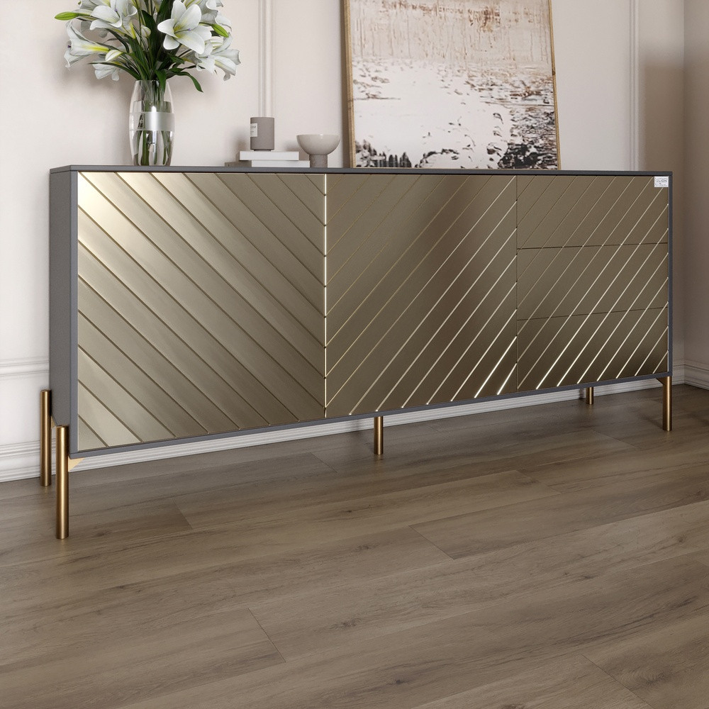 Комод з золотими металевими ніжками LION Амарант 168x40x76,5 см Антрацит/Перламутровий металік (LION-041966), фото 1