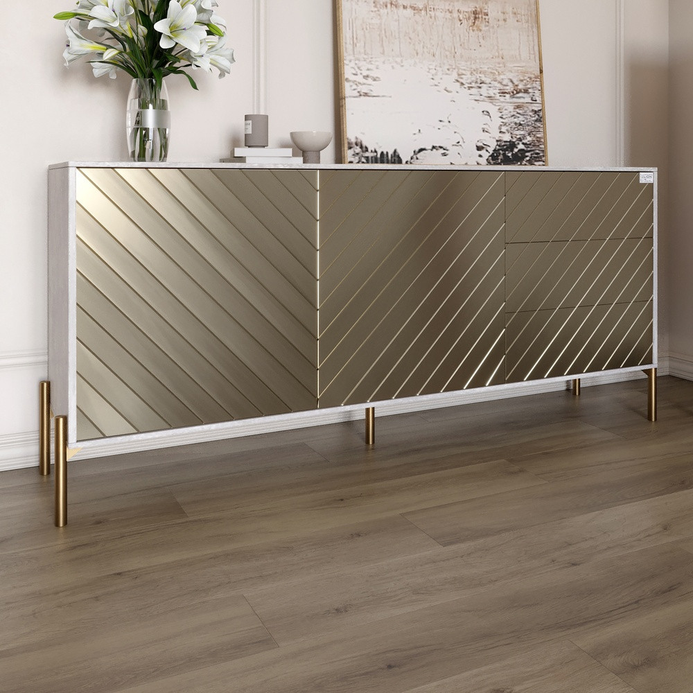 Комод з золотими металевими ніжками LION Амарант 168x40x76,5 см Бетон/Перламутровий металік (LION-041969), фото 1