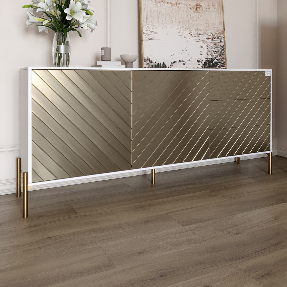 Комод з золотими металевими ніжками LION Амарант 168x40x76,5 см Німфея Альба (білий)/Перламутровий металік (LION-041973), фото 1