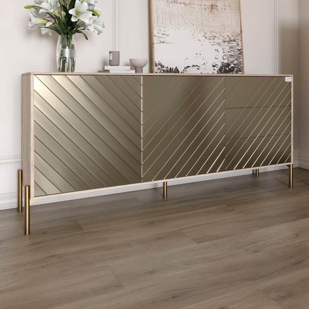 Комод з золотими металевими ніжками LION Амарант 168x40x76,5 см Дуб сонома/Перламутровий металік (LION-041974), фото 1
