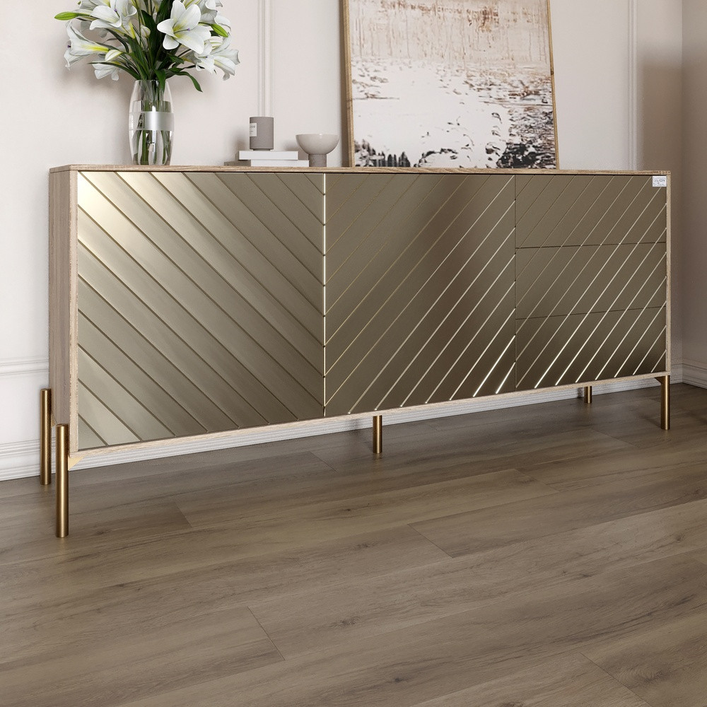 Комод з золотими металевими ніжками LION Амарант 168x40x76,5 см Дуб сонома трюфель/Перламутровий металік (LION-041975), фото 1