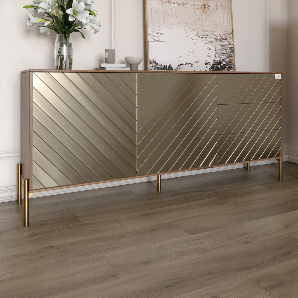 Комод з золотими металевими ніжками LION Амарант 168x40x76,5 см Дуб Ліворно/Перламутровий металік (LION-041977), фото 1