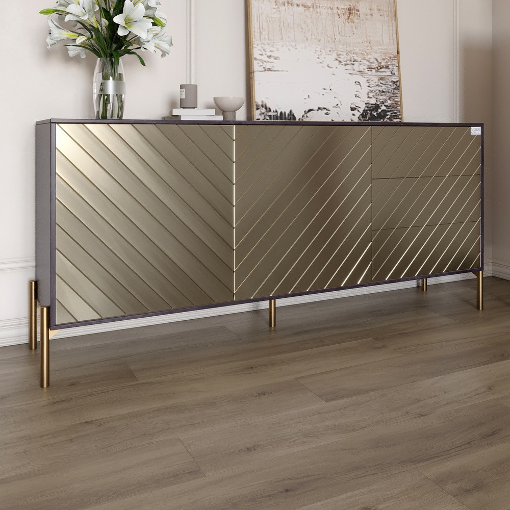 Комод з золотими металевими ніжками LION Амарант 168x40x76,5 см Бетон темний/Перламутровий металік (LION-041979), фото 1