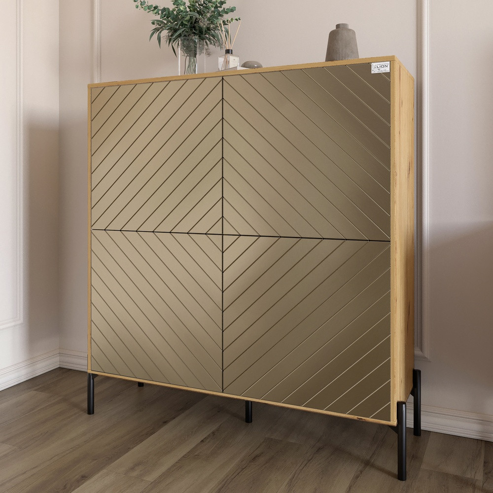 Комод-пенал з чорними металевими ніжками LION Амарант 114х40х126,5 см Дуб Артизан/Перламутровий металік (LION-041990), фото 1