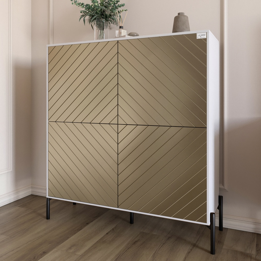 Комод-пенал з чорними металевими ніжками LION Амарант 114х40х126,5 см Німфея Альба (білий)/Перламутровий металік (LION-041995), фото 1