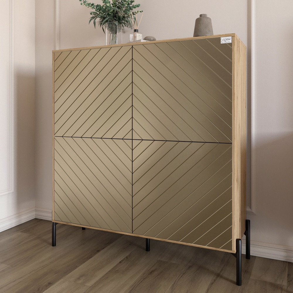 Комод-пенал з чорними металевими ніжками LION Амарант 114х40х126,5 см Дуб Аппалачі/Перламутровий металік (LION-042002), фото 1