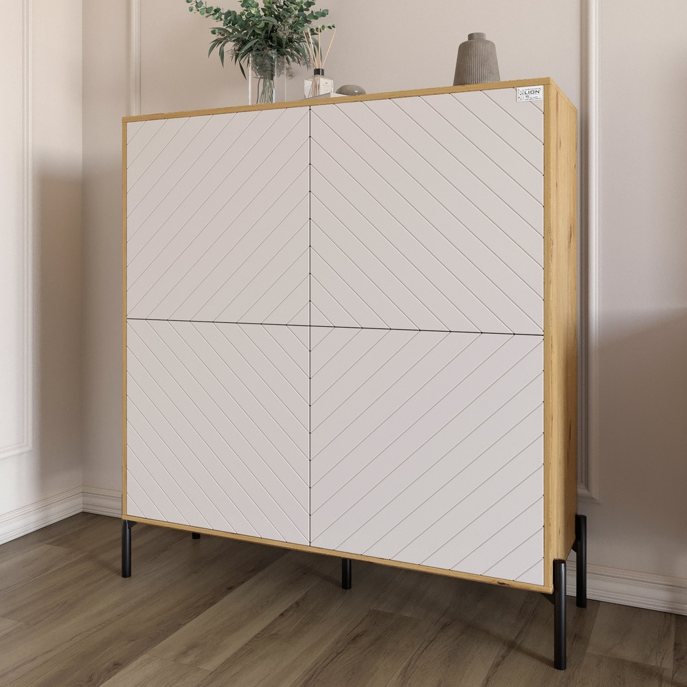 Комод-пенал з чорними металевими ніжками LION Амарант 114х40х126,5 см Дуб Артизан/Білий (LION-042017), фото 1
