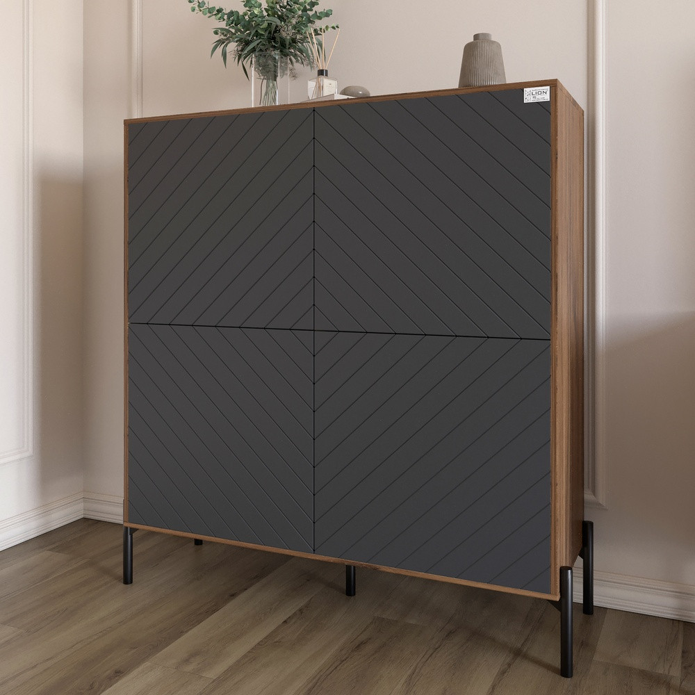 Комод-пенал з чорними металевими ніжками LION Амарант 114х40х126,5 см Дуб Ліворно/Графітовий (LION-042030), фото 1