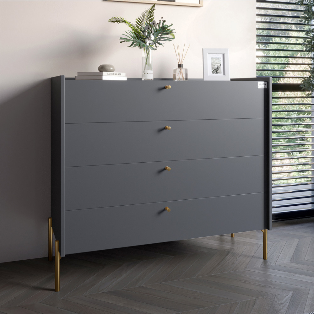 Комод із 4 шухлядами LION Wood із золотими ніжками 100х90х45 см Антрацит (LION-042957), фото 1