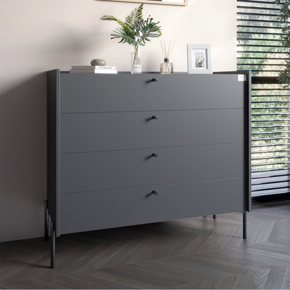 Комод із 4 шухлядами LION Wood з чорними ніжками 100х90х45 см Антрацит (LION-042972), фото 1