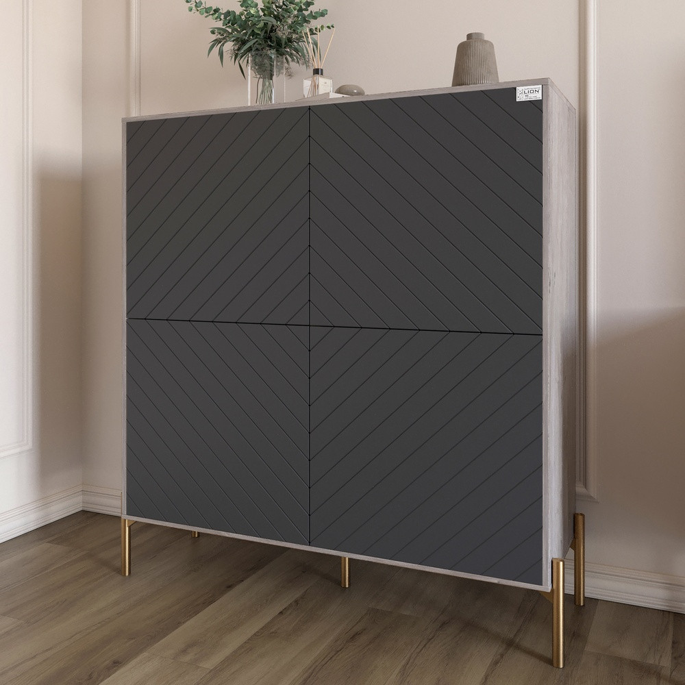 Комод-пенал з золотими металевими ніжками LION Амарант 114х40х126,5 см Шварцвальд/Графітовий (LION-042036), фото 1