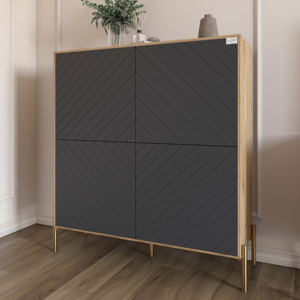 Комод-пенал з золотими металевими ніжками LION Амарант 114х40х126,5 см Дуб Аппалачі/Графітовий (LION-042038), фото 1