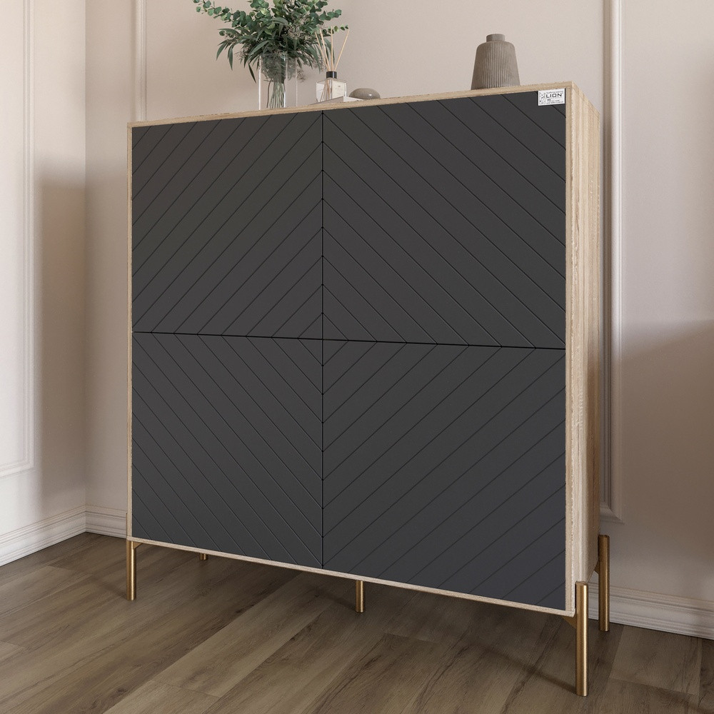 Комод-пенал з золотими металевими ніжками LION Амарант 114х40х126,5 см Дуб сонома/Графітовий (LION-042039), фото 1