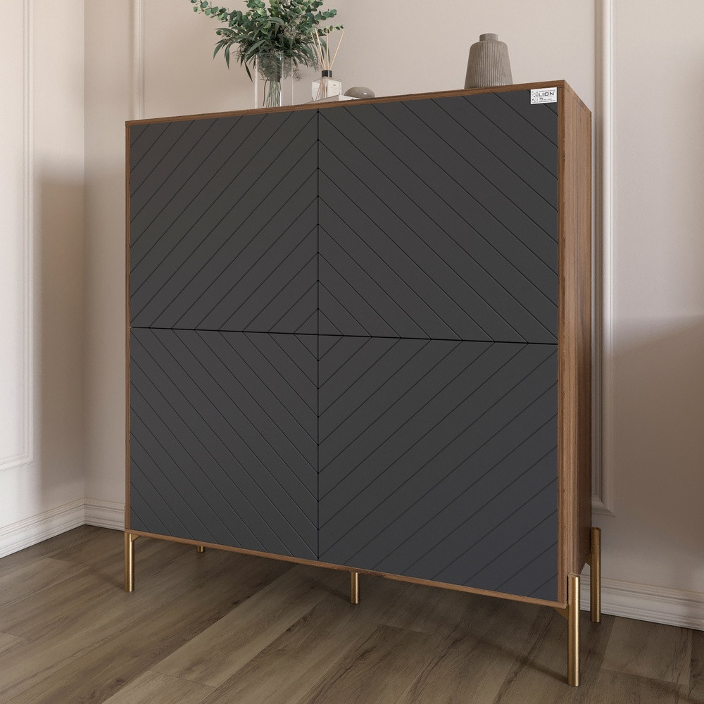Комод-пенал з золотими металевими ніжками LION Амарант 114х40х126,5 см Дуб Ліворно/Графітовий (LION-042047), фото 1