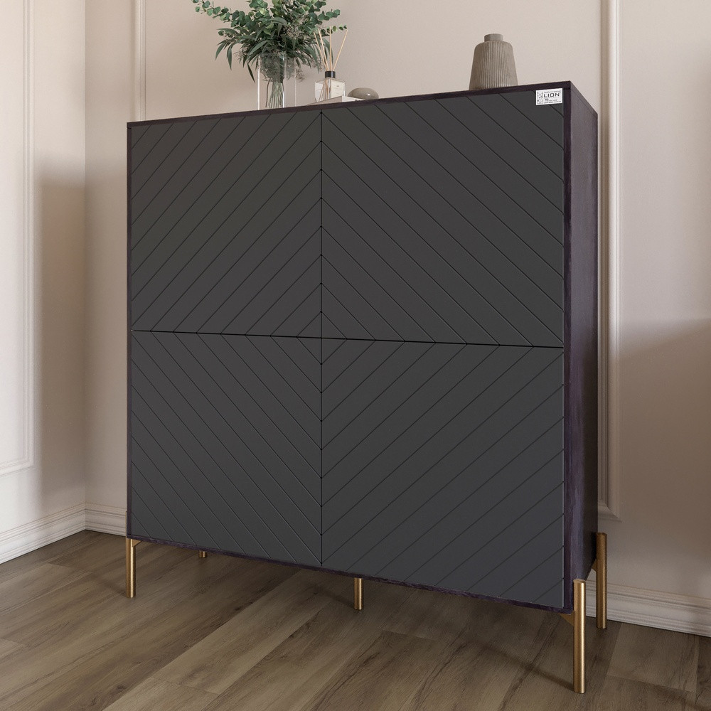 Комод-пенал з золотими металевими ніжками LION Амарант 114х40х126,5 см Бетон темний/Графітовий (LION-042048), фото 1