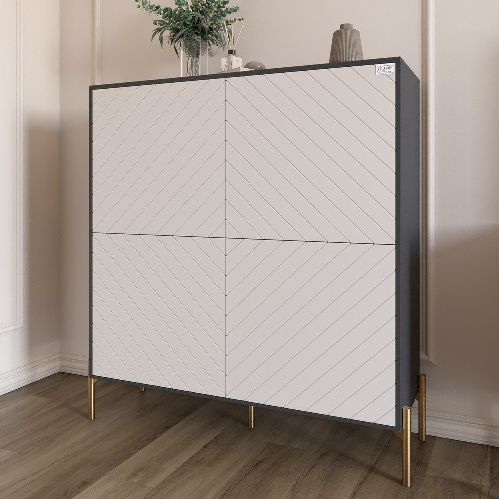 Комод-пенал з золотими металевими ніжками LION Амарант 114х40х126,5 см Антрацит/Білий (LION-042049), фото 1