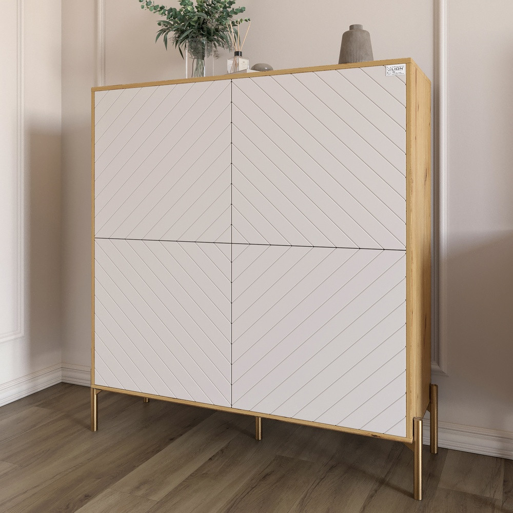 Комод-пенал з золотими металевими ніжками LION Амарант 114х40х126,5 см Дуб Артизан/Білий (LION-042052), фото 1