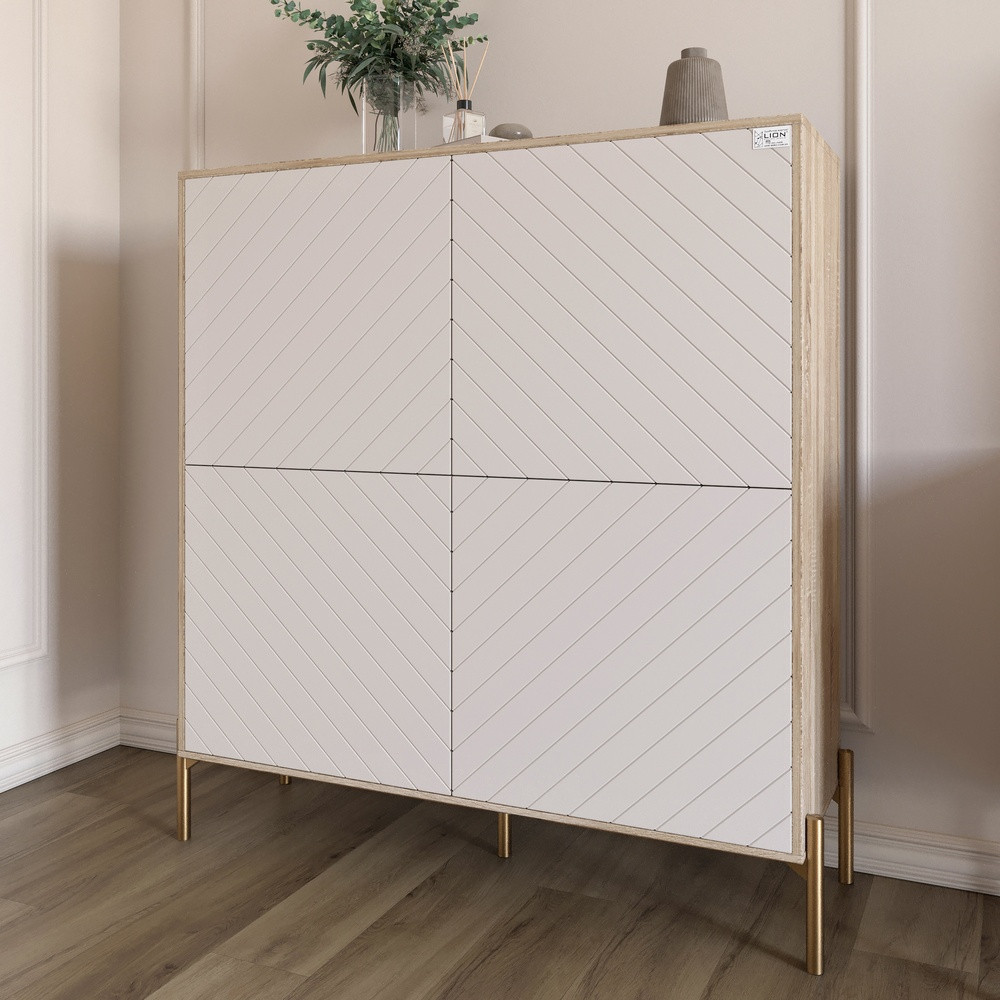 Комод-пенал з золотими металевими ніжками LION Амарант 114х40х126,5 см Дуб сонома/Білий (LION-042060), фото 1
