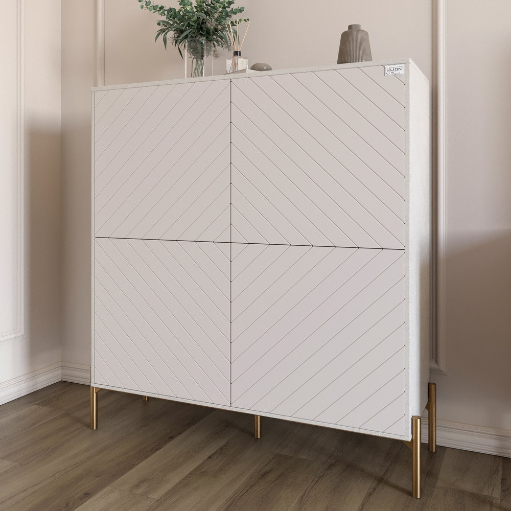 Комод-пенал з золотими металевими ніжками LION Амарант 114х40х126,5 см Бетон Style/Білий (LION-042062), фото 1
