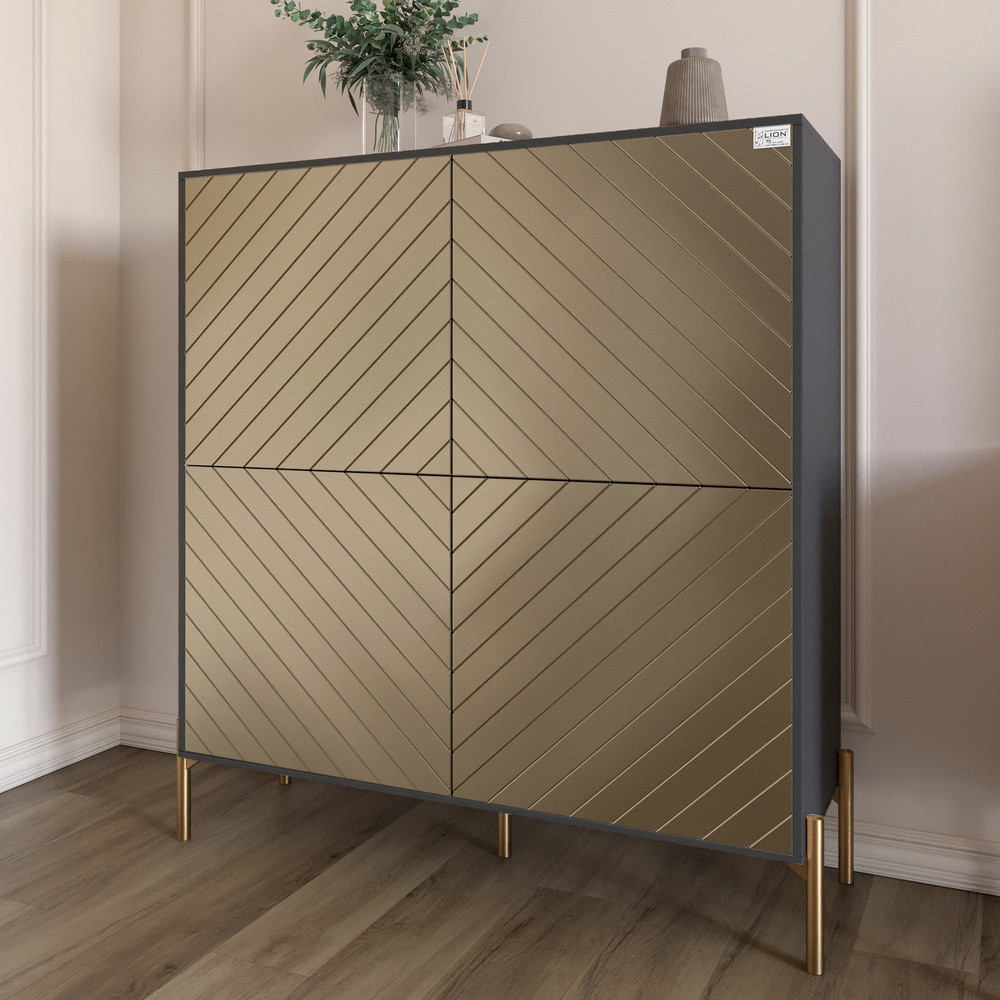Комод-пенал з золотими металевими ніжками LION Амарант 114х40х126,5 см Антрацит/Перламутровий металік (LION-042064), фото 1