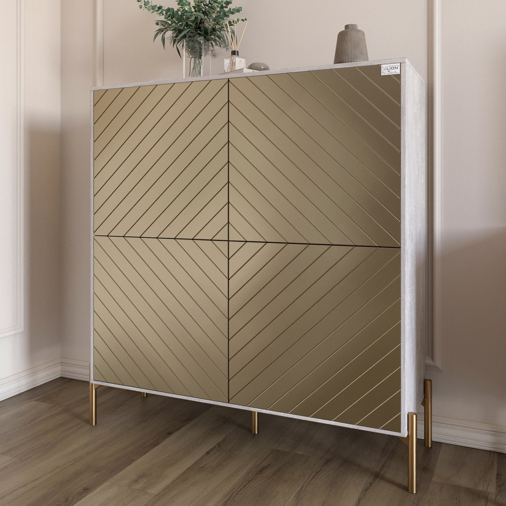 Комод-пенал з золотими металевими ніжками LION Амарант 114х40х126,5 см Бетон/Перламутровий металік (LION-042065), фото 1