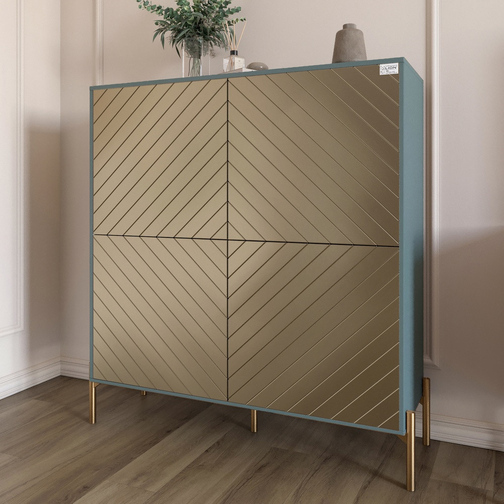 Комод-пенал з золотими металевими ніжками LION Амарант 114х40х126,5 см Граніт сірий/Перламутровий металік (LION-042070), фото 1