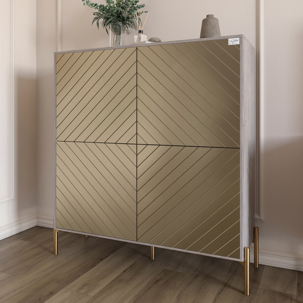 Комод-пенал з золотими металевими ніжками LION Амарант 114х40х126,5 см Шварцвальд/Перламутровий металік (LION-042072), фото 1