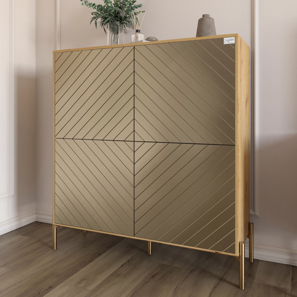 Комод-пенал з золотими металевими ніжками LION Амарант 114х40х126,5 см Дуб Артизан/Перламутровий металік (LION-042076), фото 1