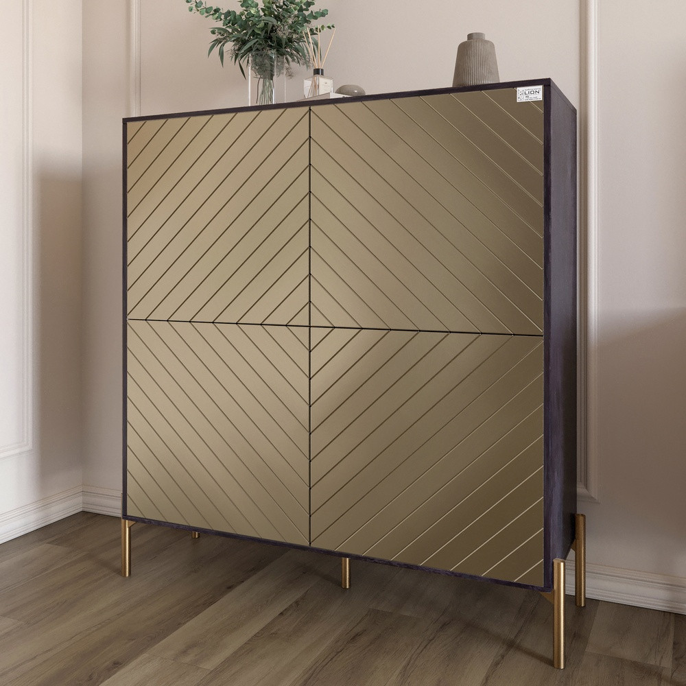 Комод-пенал з золотими металевими ніжками LION Амарант 114х40х126,5 см Бетон темний/Перламутровий металік (LION-042078), фото 1