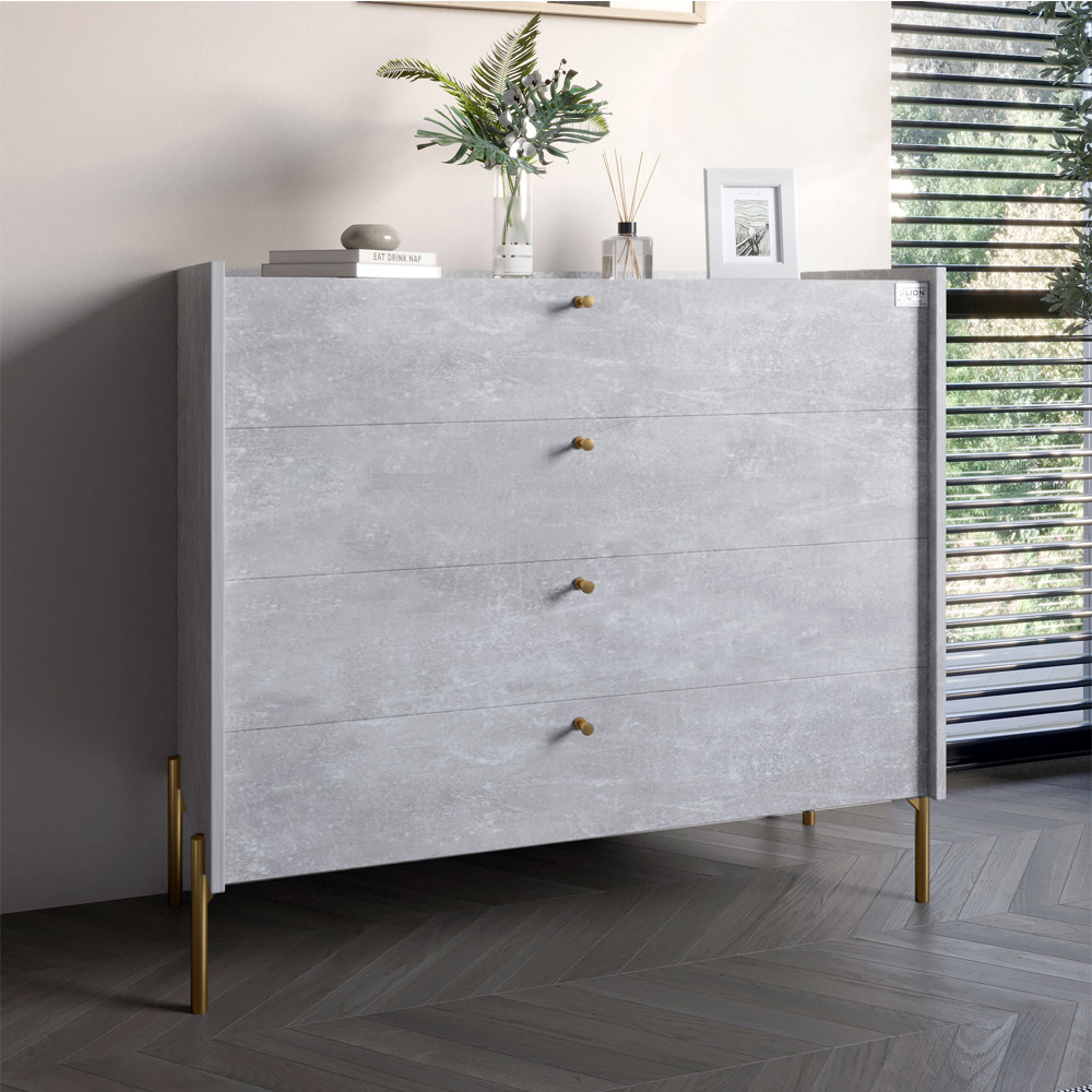 Комод із 4 шухлядами LION Wood із золотими ніжками 100х90х45 см Бетон (LION-042958), фото 1