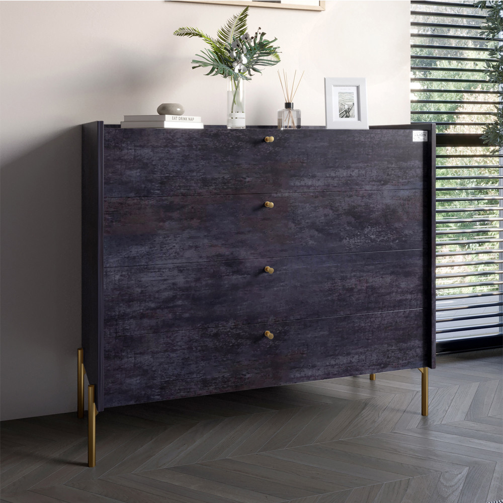 Комод із 4 шухлядами LION Wood із золотими ніжками 100х90х45 см Бетон темний (LION-042960), фото 1