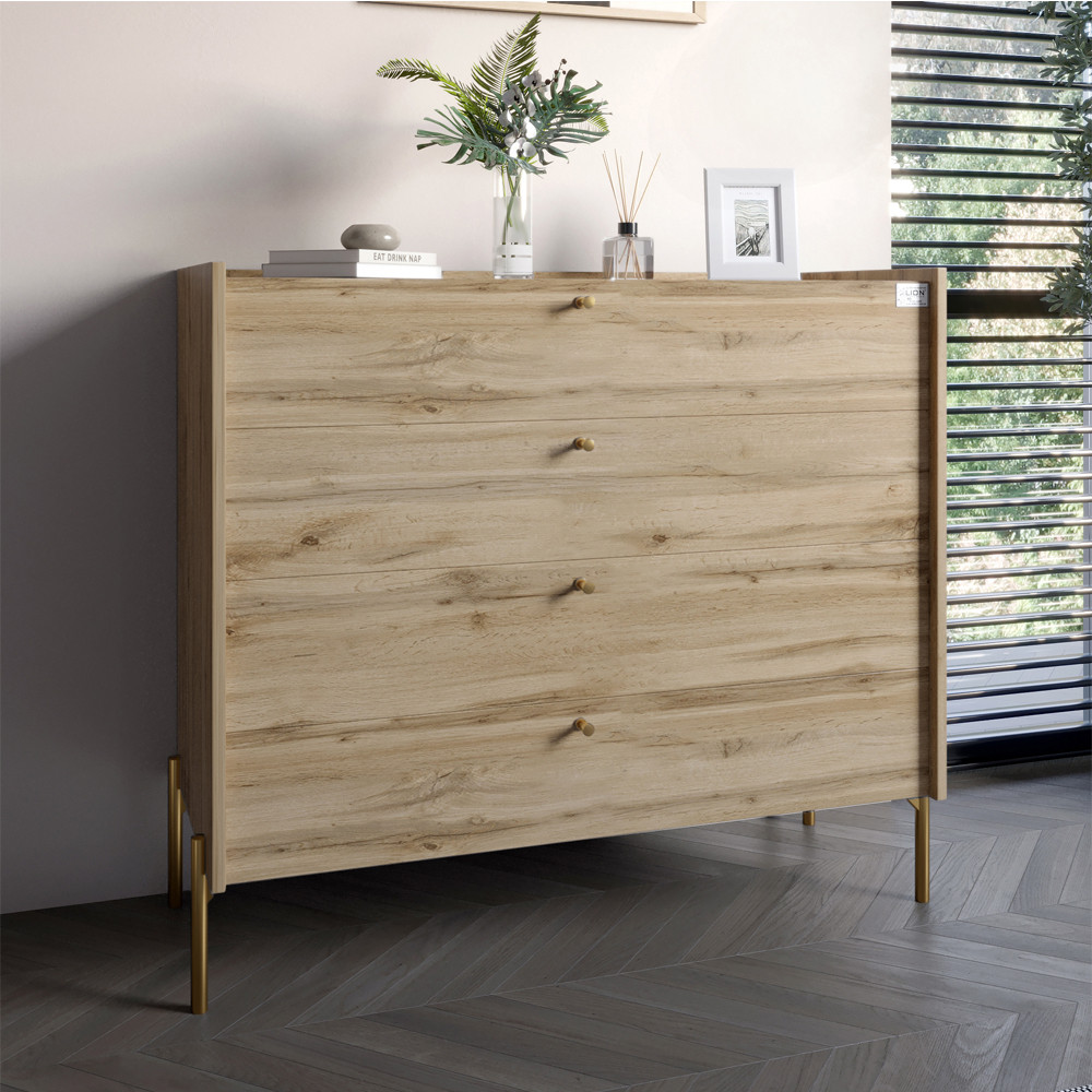 Комод із 4 шухлядами LION Wood із золотими ніжками 100х90х45 см Дуб Аппалачі (LION-042963), фото 1