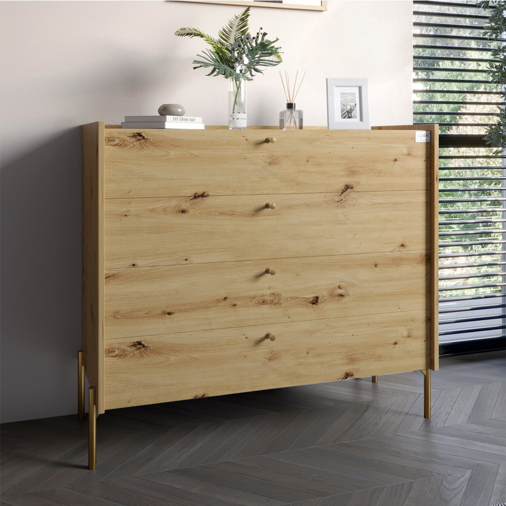 Комод із 4 шухлядами LION Wood із золотими ніжками 100х90х45 см Дуб Артизан (LION-042964), фото 1