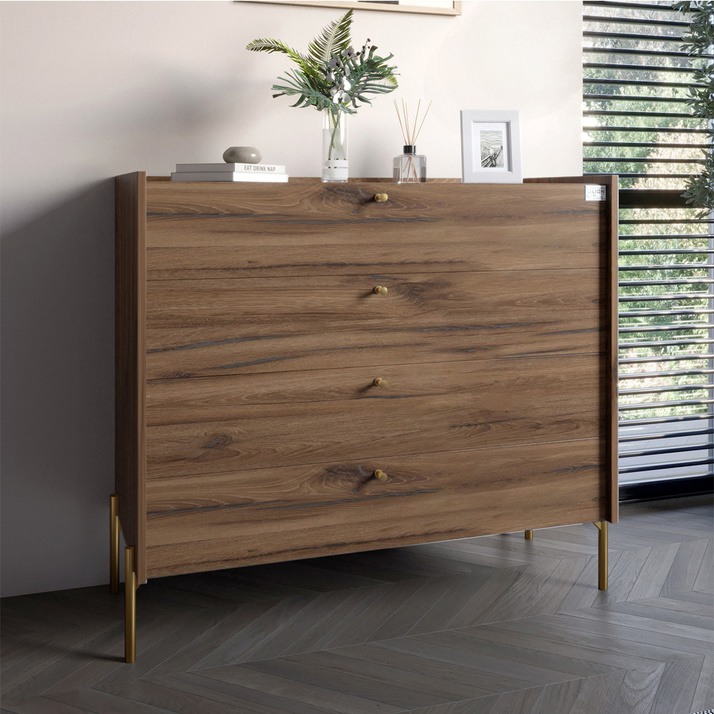 Комод із 4 шухлядами LION Wood із золотими ніжками 100х90х45 см Дуб Ліворно (LION-042965), фото 1