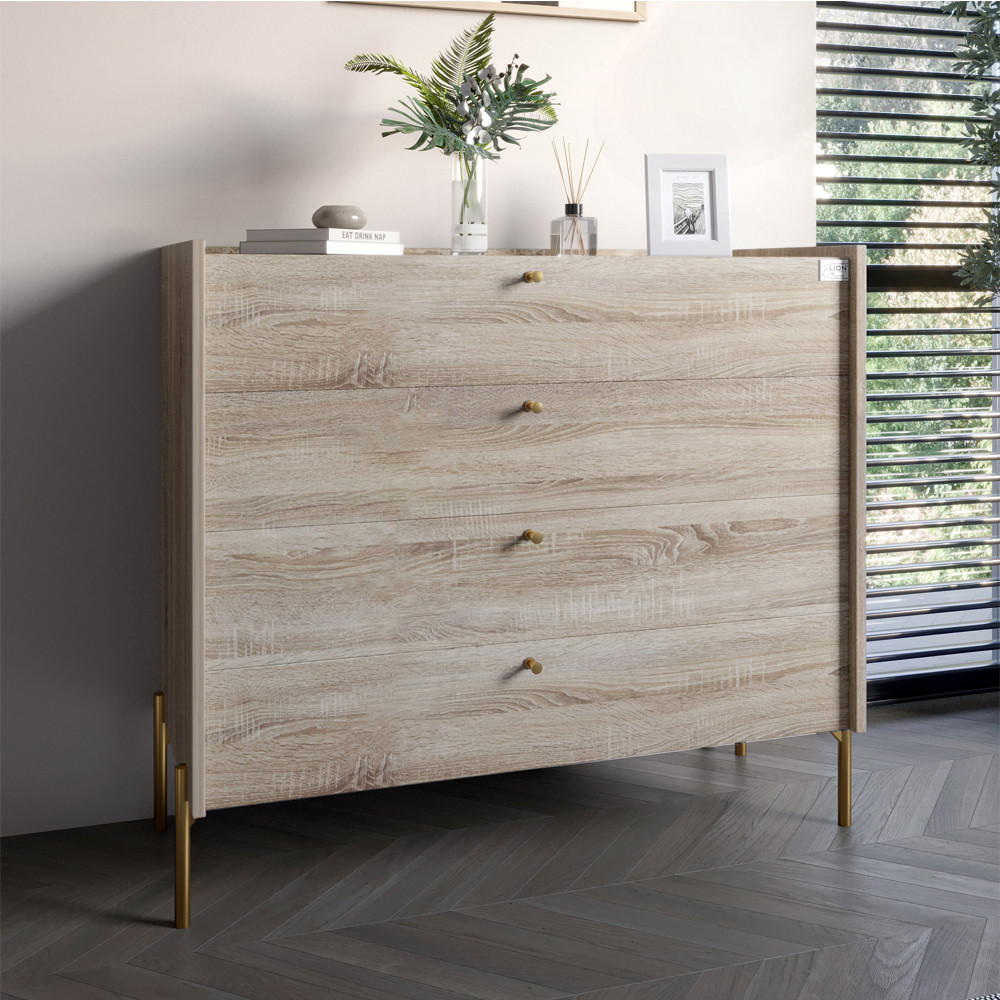 Комод із 4 шухлядами LION Wood із золотими ніжками 100х90х45 см Дуб Сонома (LION-042966), фото 1