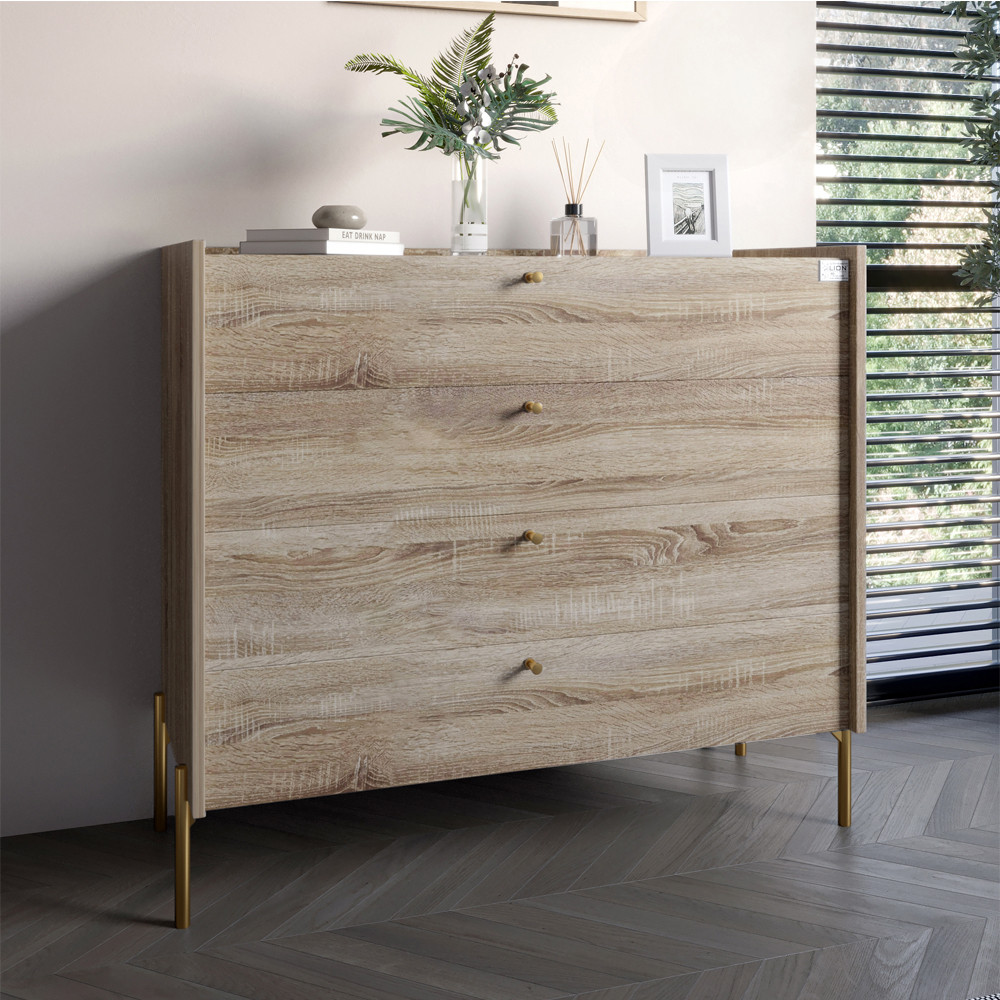 Комод із 4 шухлядами LION Wood із золотими ніжками 100х90х45 см Дуб Сонома Трюфель (LION-042967), фото 1