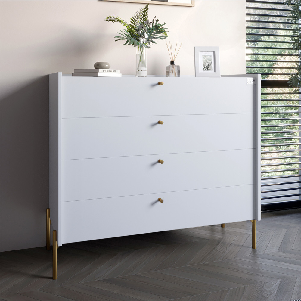 Комод із 4 шухлядами LION Wood із золотими ніжками 100х90х45 см Німфея Альба (білий) (LION-042969), фото 1
