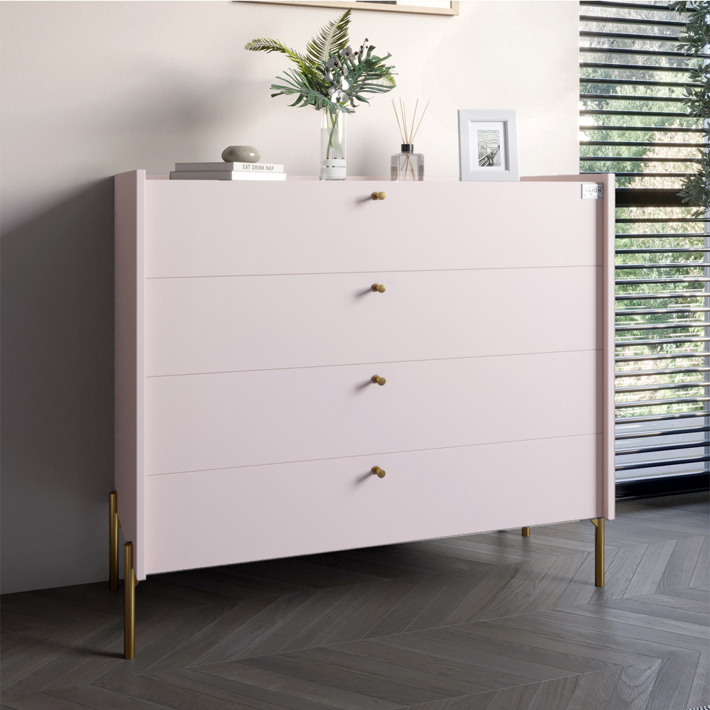 Комод із 4 шухлядами LION Wood із золотими ніжками 100х90х45 см Рожевий (LION-042970), фото 1