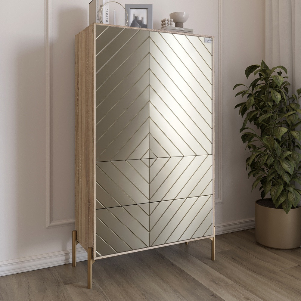 Комод-пенал з рельєфним оздобленням фасаду та золотими металевими ніжками LION Амарант 84x40x150 см Дуб сонома, фото 1