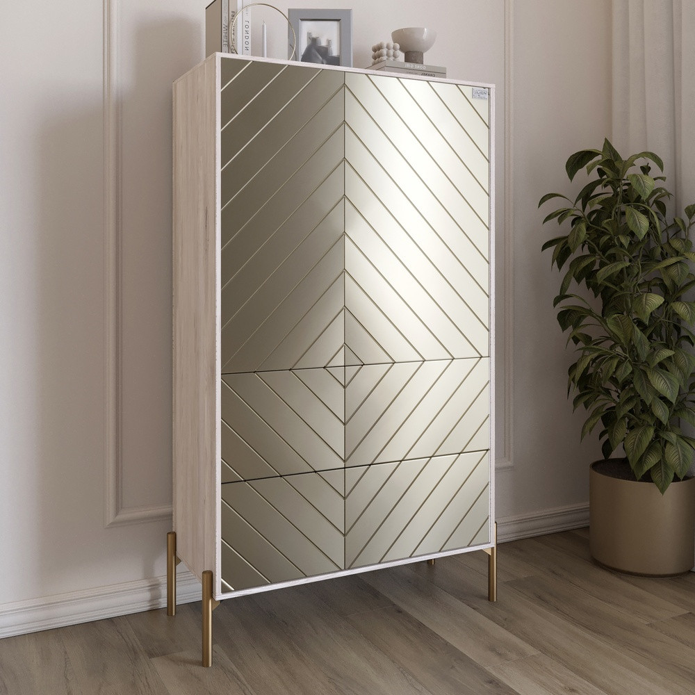 Комод-пенал з рельєфним оздобленням фасаду та золотими металевими ніжками LION Амарант 84x40x150 см Самоа Димчастий/Перламутровий, фото 1