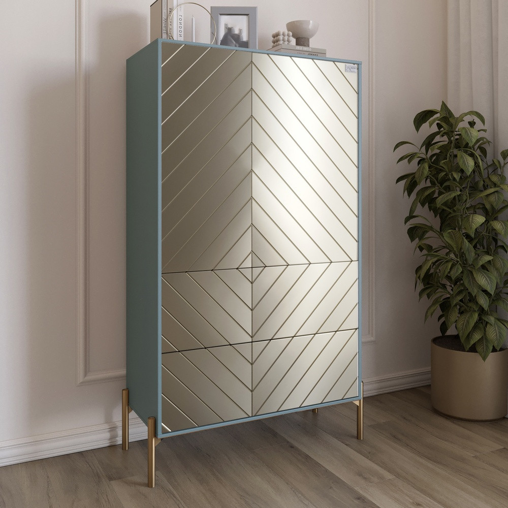 Комод-пенал з рельєфним оздобленням фасаду та золотими металевими ніжками LION Амарант 84x40x150 см Граніт сірий/Перламутровий, фото 1